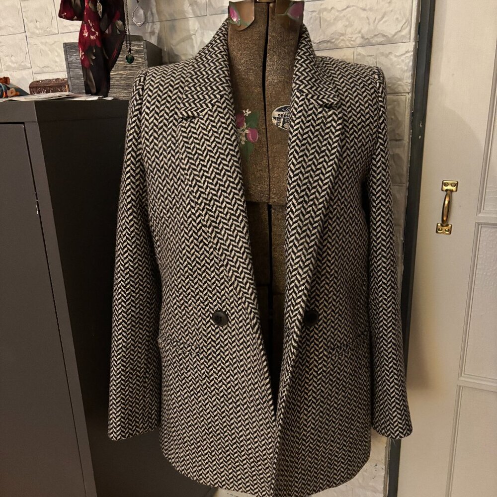 Annie Bing Diana Blazer – Italian Wool Blend in Gray & Black Fishbone- Size XS